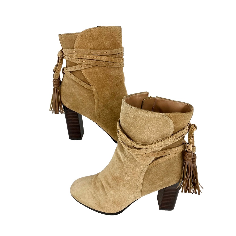 Saks Fifth Avenue Suede Leather Mid Calf Boots Women's 9.5 M Heeled Shoes Tan 41